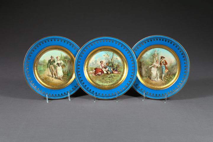 Appraisal: Trio of Richly Gilded Periwinkle Blue-Bordered Vienna Porcelain Cabinet Plates