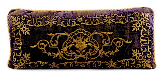 Appraisal: Fine gold thread embroidered pillow th century elaborately worked scrolling