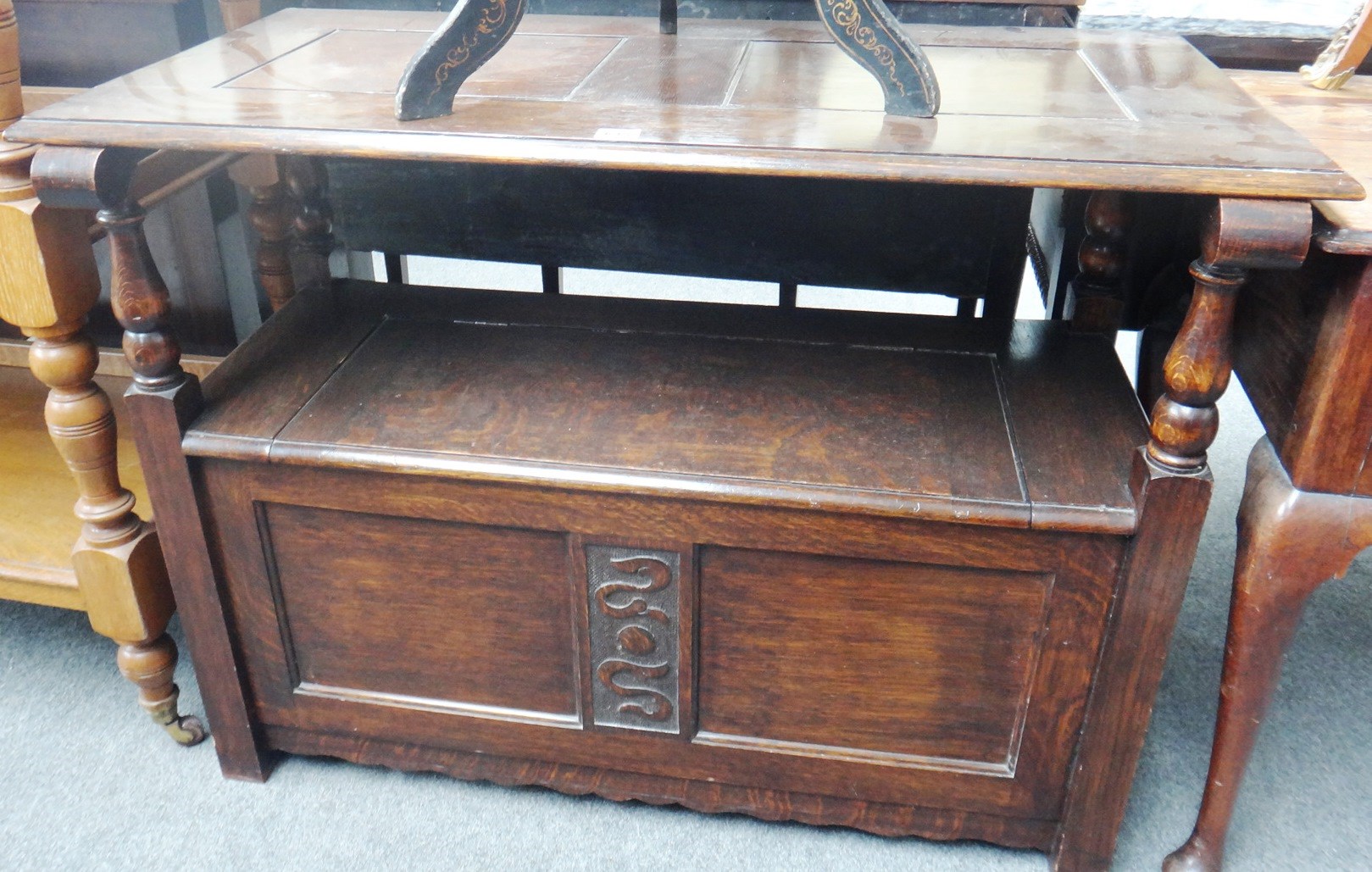 Appraisal: A th century oak monks bench with double panelled top