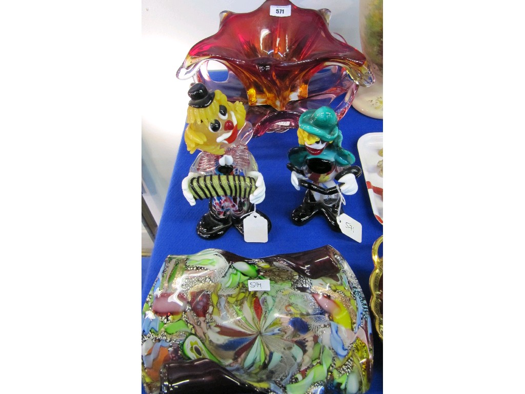 Appraisal: Lot comprising two Murano glass clowns and three art glass