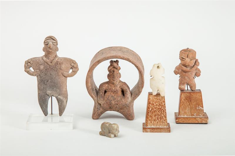 Appraisal: THREE PRE-COLUMBIAN POTTERY FIGURES AND TWO CARVED STONE FIGURES Comprising