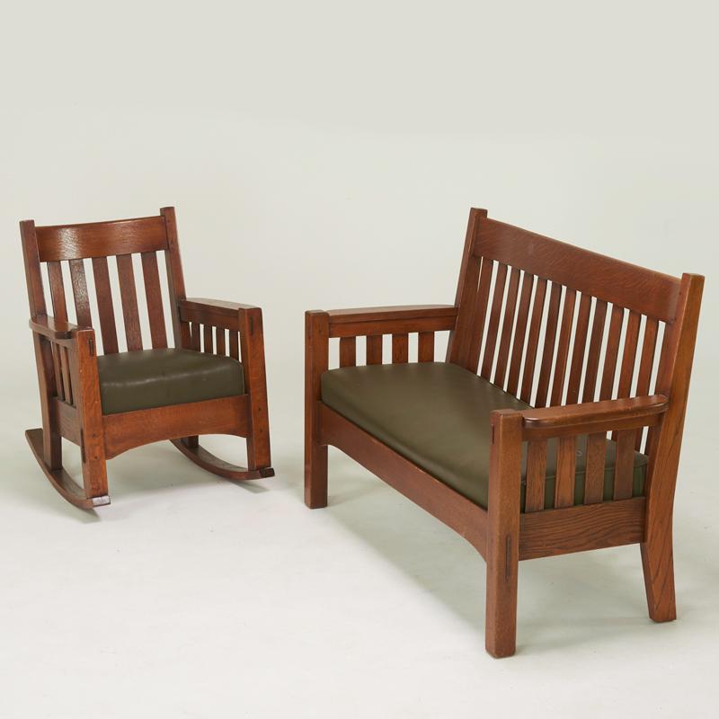 Appraisal: HARDEN Parlor set drop-arm settee and matching rocker USA ca