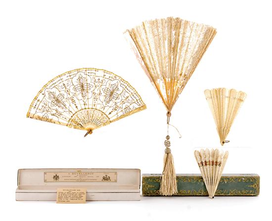 Appraisal: Collection of hand brise fans circa lace leaf-mounted mother-of-pearl fan