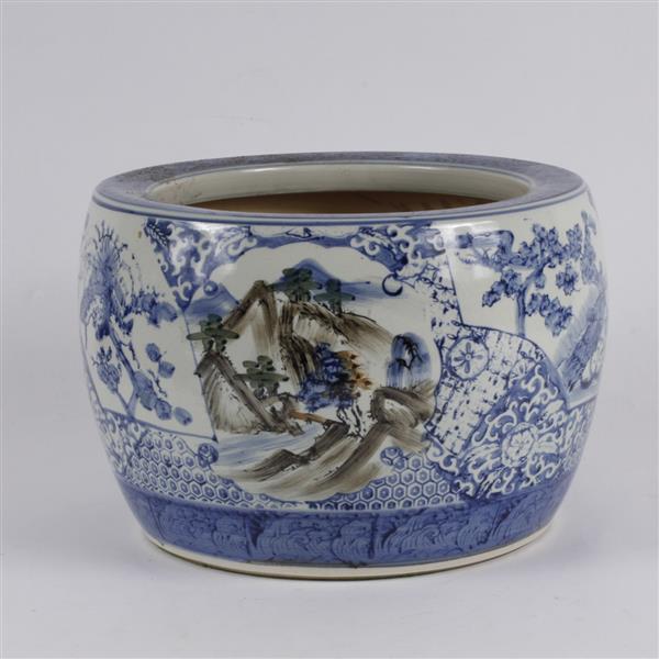 Appraisal: Large Japanese decorative blue and white porcelain fish bowl jardiniere