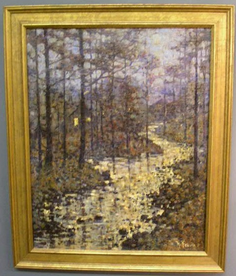 Appraisal: Oil on canvas impressionist painting of stream and houses signed