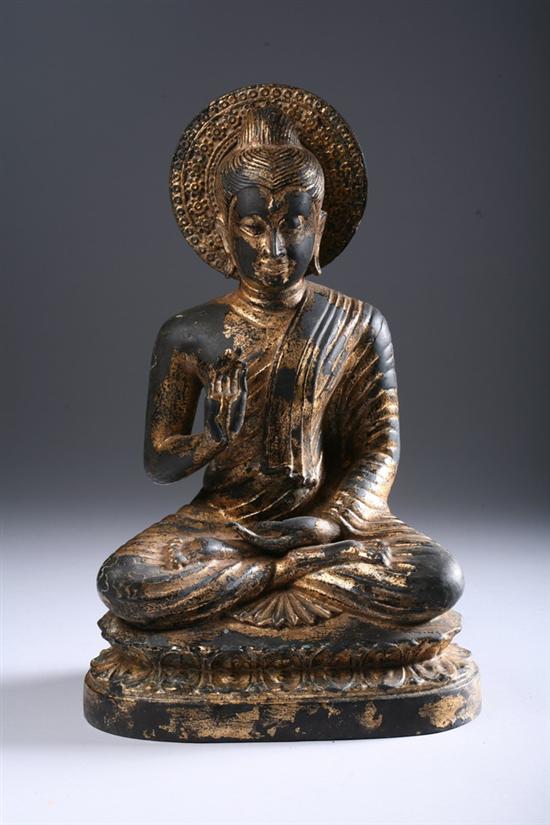 Appraisal: TIBETO-CHINESE GILT BRONZE FIGURE OF BUDDHA Seated in dhyanasana on