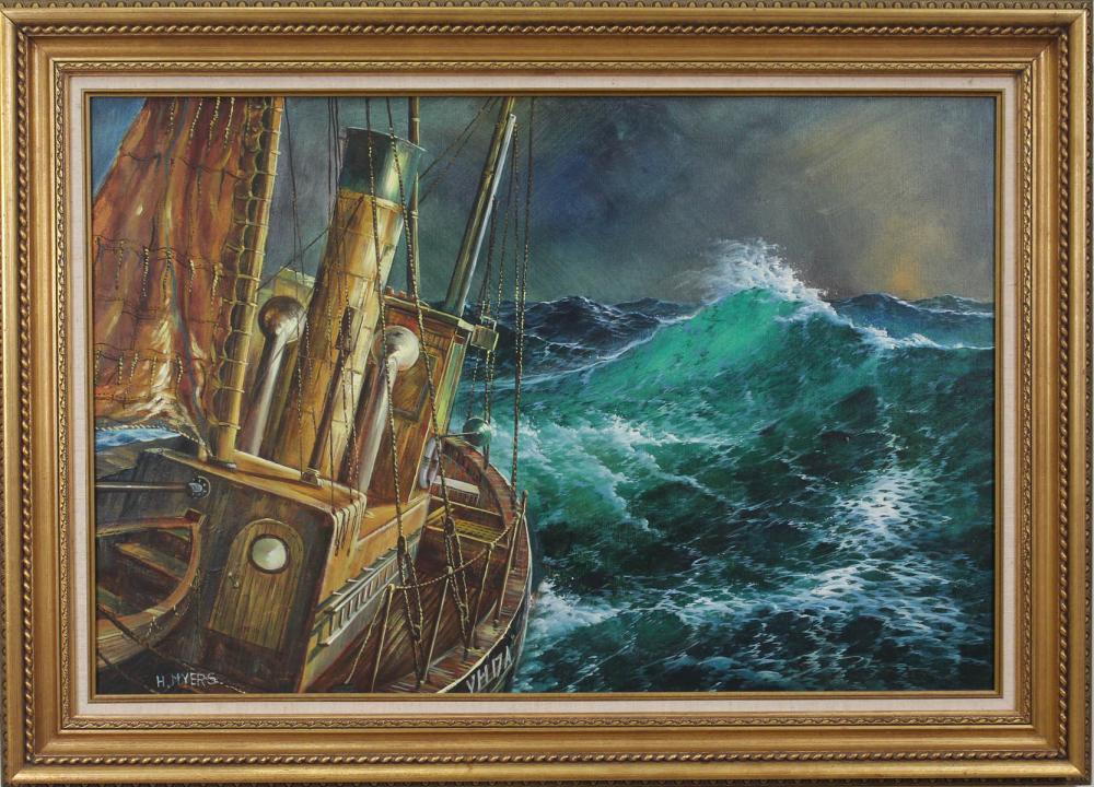 Appraisal: H MYERS OIL ON CANVAS boat in rough seas Signed