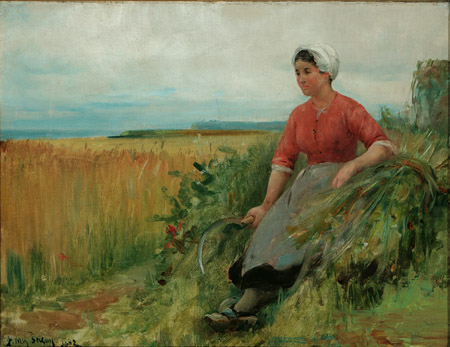 Appraisal: Henry Bacon American - Breton Woman Resting with Scythe on