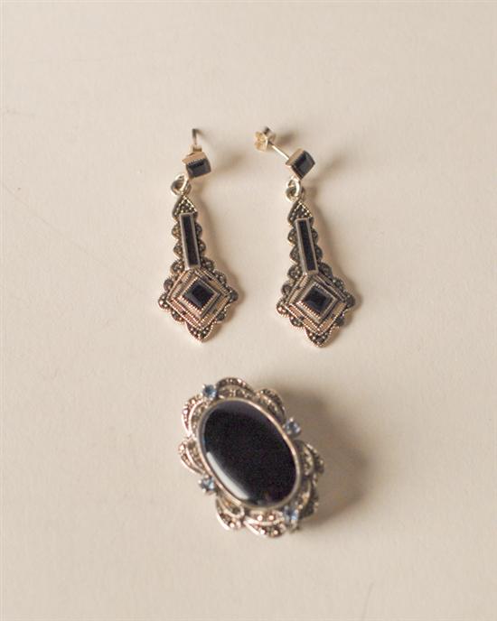 Appraisal: A Three Piece Sterling Onyx and Marcasite Set to include