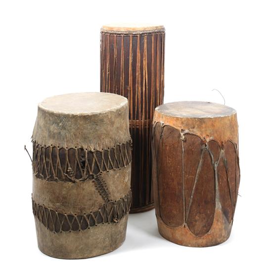 Appraisal: Sale Lot Three Tribal Wood Leather and Rope Drums Height