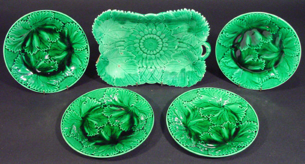 Appraisal: Rectangular Wedgwood Majolica green leaf plate together with a set