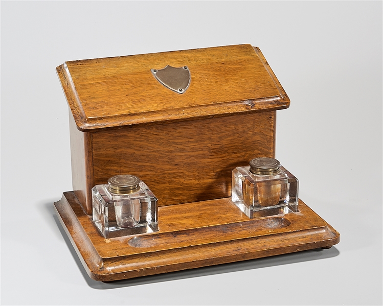 Appraisal: Vintage cover letter box and double inkwell stand consisting of