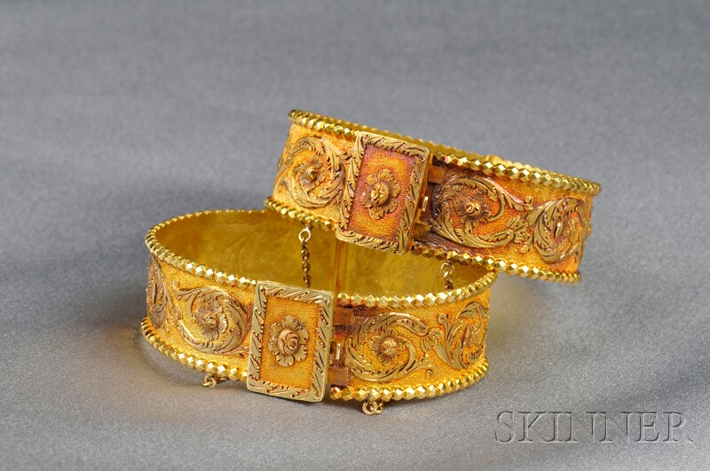 Appraisal: Pair of Antique High-Karat Gold Bracelets each hinged bangle with