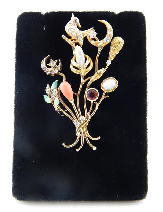 Appraisal: JEWELRY K yellow gold multi-stone brooch comprised of nine assorted