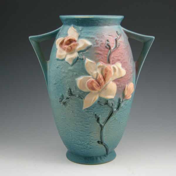 Appraisal: Roseville blue Magnolia vase with handles Marked Roseville USA -