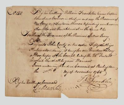 Appraisal: William Franklin signed document manuscript warrant ordering the Treasurers of