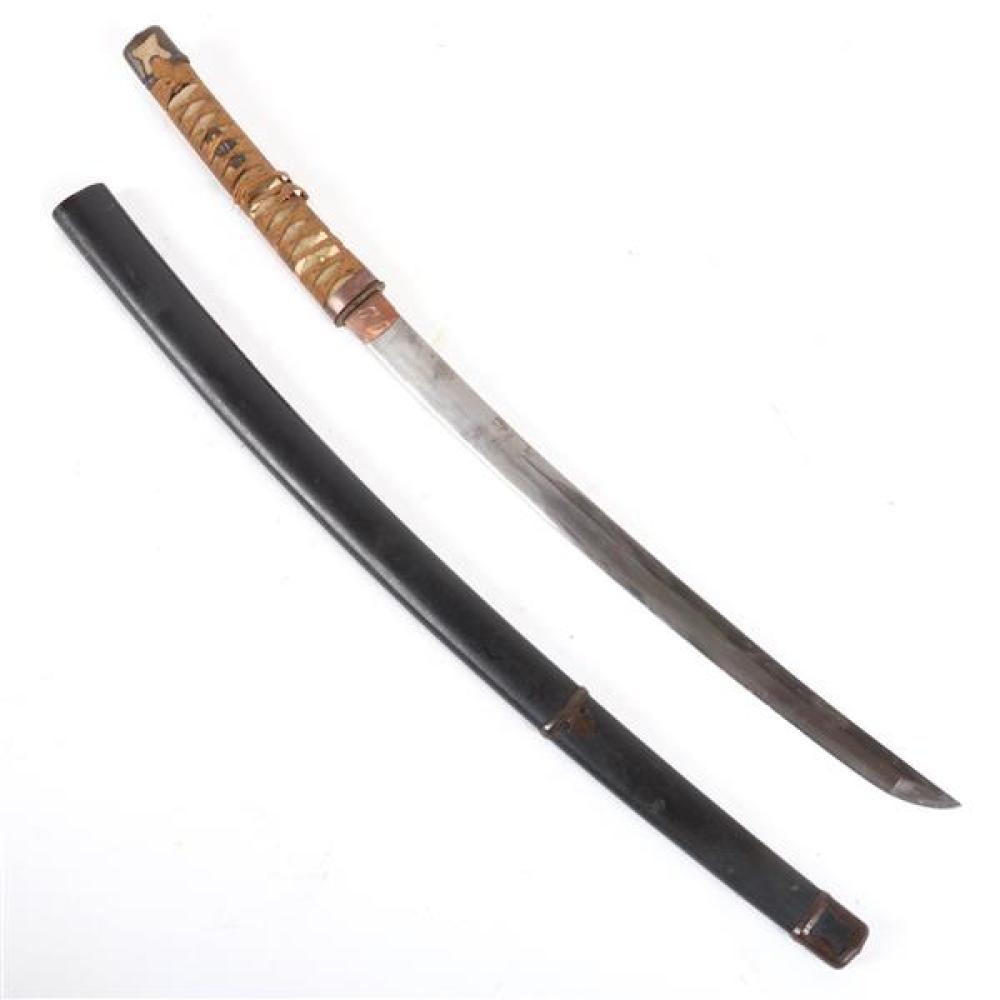 Appraisal: JAPANESE WAKIZASHI SWORD BLADE WITH DECORATED BRONZE COLLAR HANDLE WRAPPED