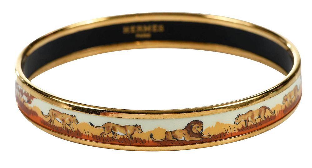 Appraisal: Hermes Enamel Bangle Bracelet gold tone yellow orange lion lioness