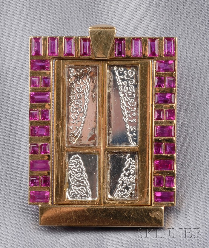 Appraisal: Whimsical kt Gold and Ruby Window Clip France the mirrored