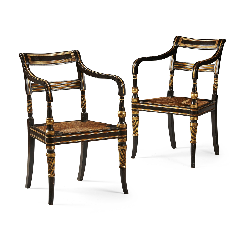 Appraisal: PAIR OF REGENCY BLACK JAPANNED AND GILT ARMCHAIRS CIRCA the