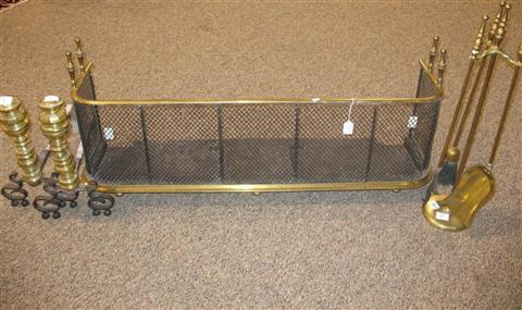 Appraisal: BRASS FIREPLACE TOOLS WITH BRASS IRON FIRE FENDER AND ANDIRONS