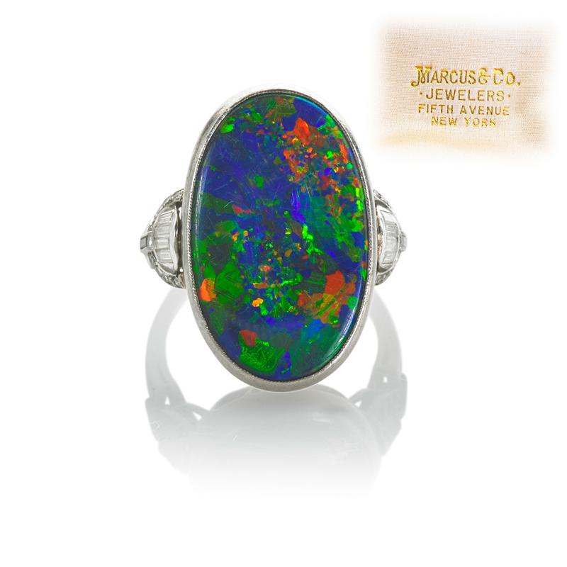 Appraisal: MARCUS CO BLACK OPAL DIAMOND PLATINUM RING Oval Australian black