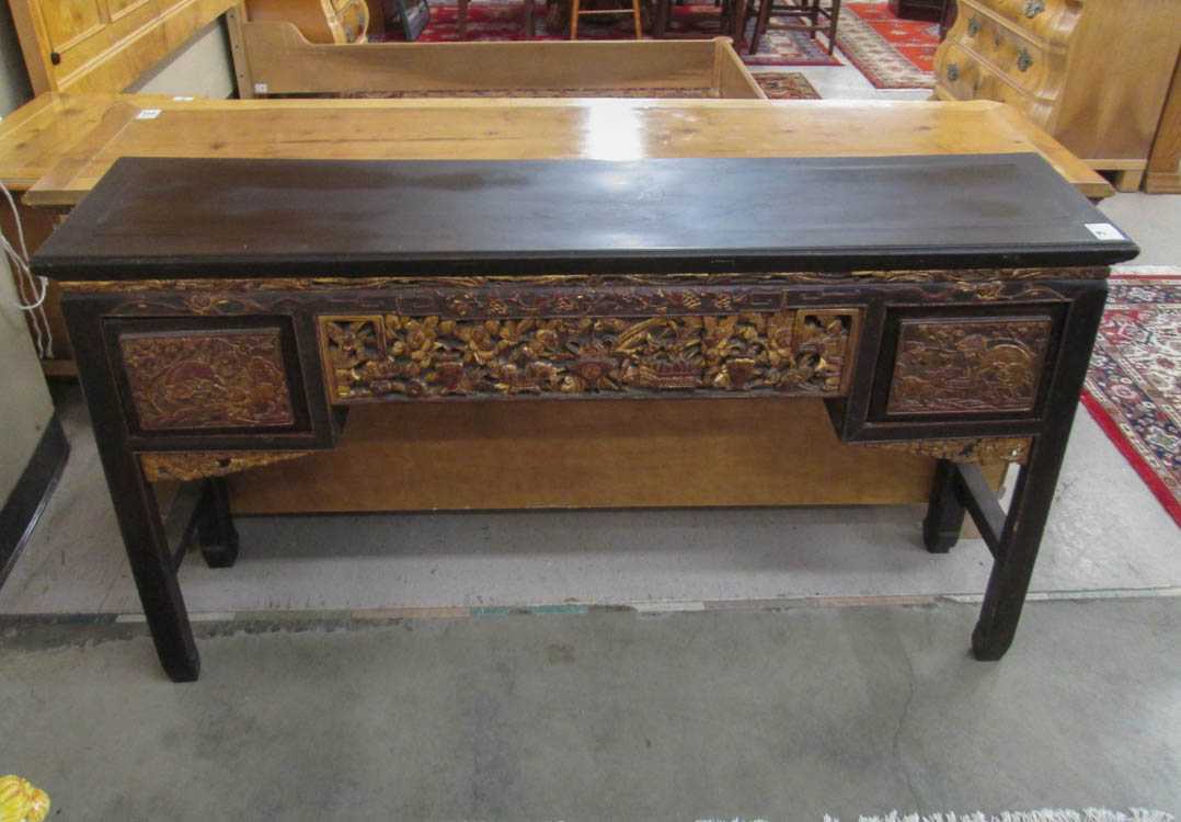 Appraisal: EBONIZED AND CARVED GILTWOOD CONSOLE OR SOFA TABLE Chinese early