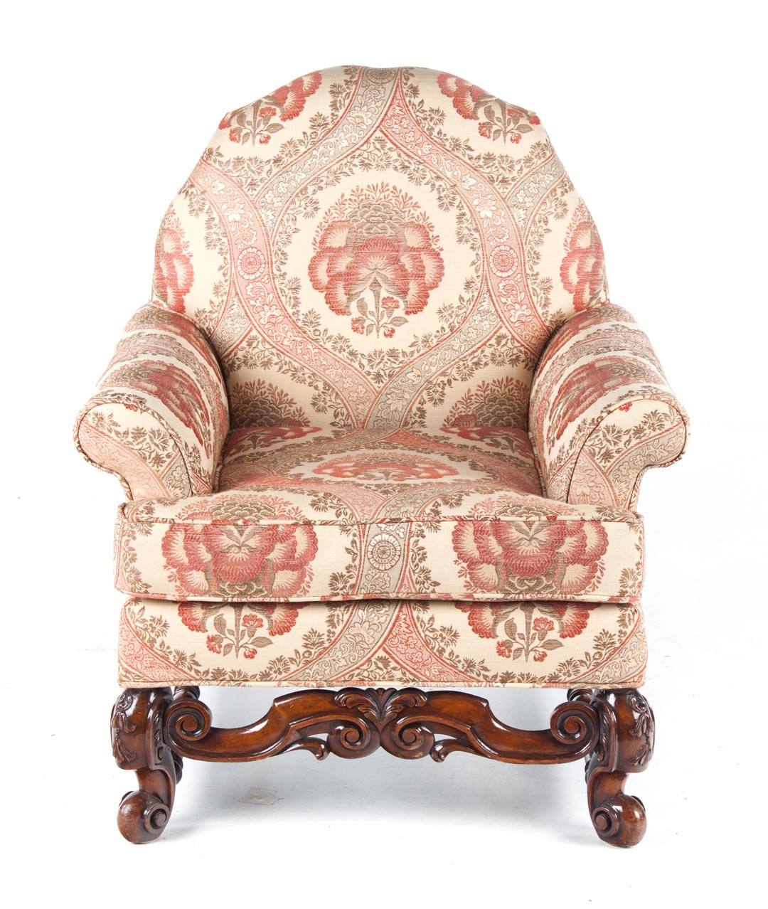 Appraisal: Jacobean upholstered armchair curved crest rail upholstered back and arms