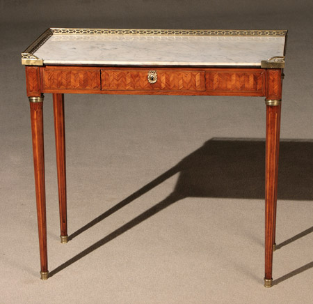 Appraisal: Louis XVI Brass Mounted and Inlaid Parquetry Tulipwood Marble-Top Side