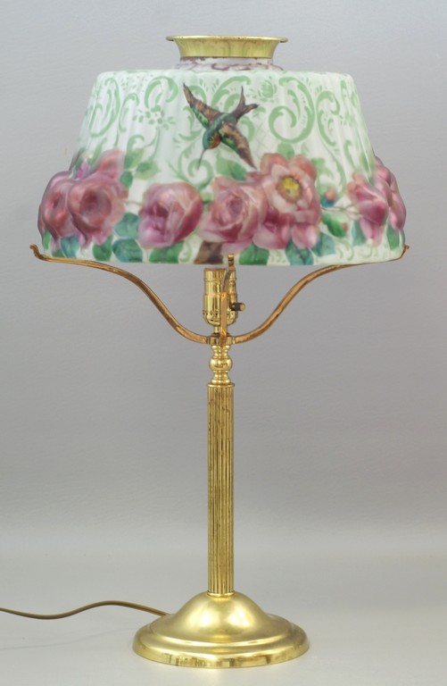 Appraisal: Puffy Pairpoint table lamp Stratford pattern shade with hummingbirds and