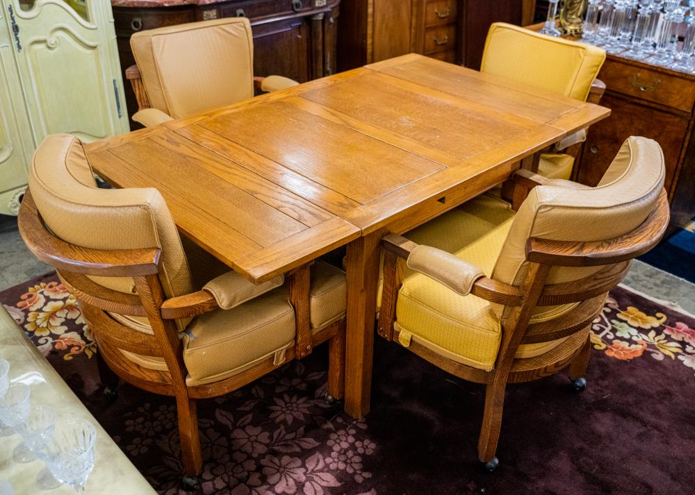 Appraisal: OAK GAME SETcomprising a refectory table and four leather upholstered