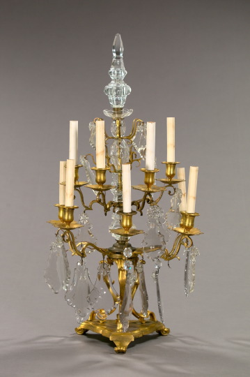 Appraisal: Large Gilt-Brass and Cut Glass Nine-Light Flat-Back Candelabrum second quarter