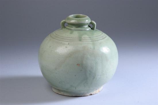 Appraisal: SWANGKALOK GREEN-GLAZED JAR th th century Globular form with two