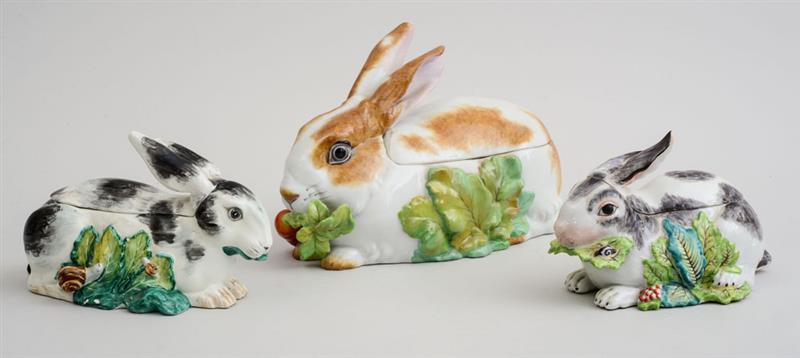 Appraisal: GROUP OF THREE EUROPEAN GLAZED POTTERY RABBIT TUREENS The largest