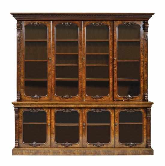 Appraisal: AN IMPRESSIVE TH CENTURY BURR WALNUT BOOKCASE CABINET The leaf