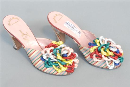 Appraisal: MARILYN MONROE PAIR STRIPED SILK FAILLE MULES By Hostess Mules