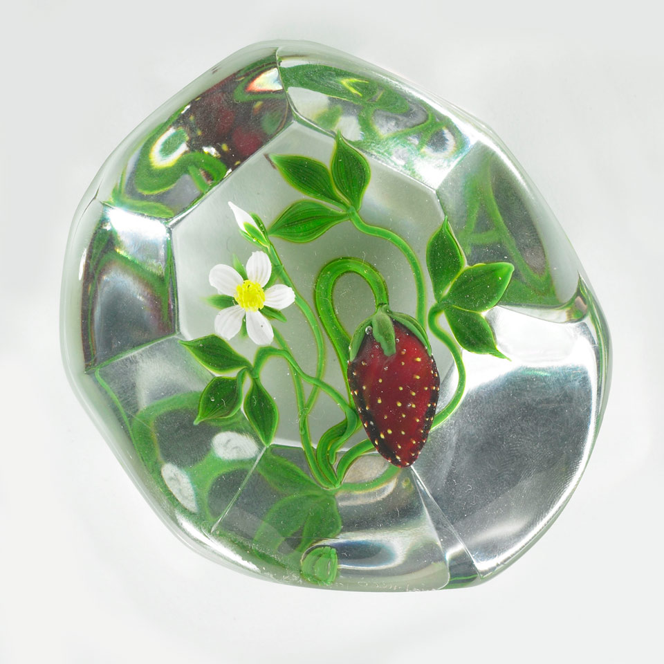 Appraisal: Victor Trabucco American b Strawberry Glass Paperweight VT signature cane