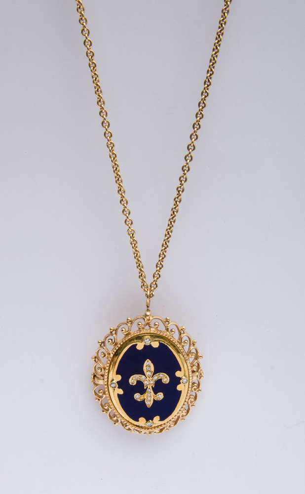 Appraisal: K YELLOW GOLD BLUE ENAMEL AND DIAMOND FLEUR DE LYS