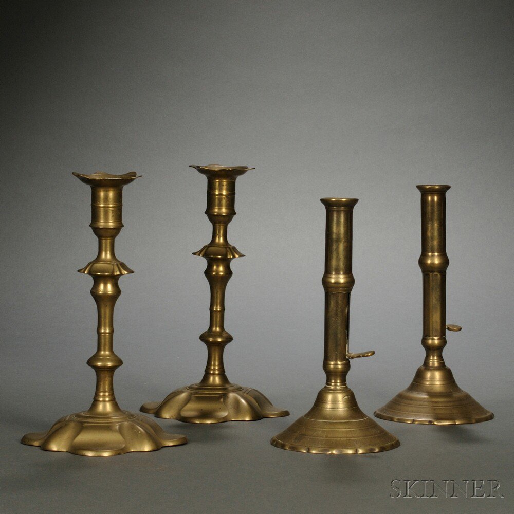 Appraisal: Two Pairs of Queen Anne Brass Candlesticks th century one