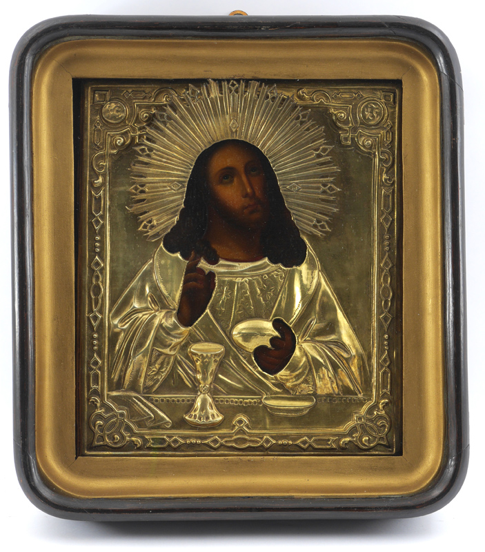 Appraisal: RUSSIAN ICON IN SHADOW BOX FRAME '' x '' gold