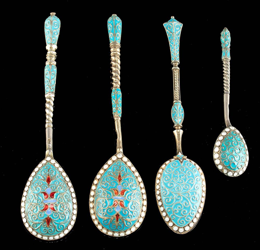 Appraisal: Four th C Norwegian Gilt Silver Cloisonne Spoons Northern Europe