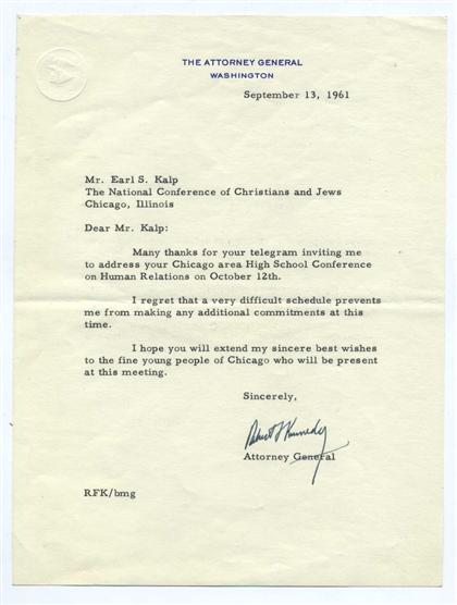 Appraisal: piece Typed Letter Signed Kennedy Robert F Washington Sept to