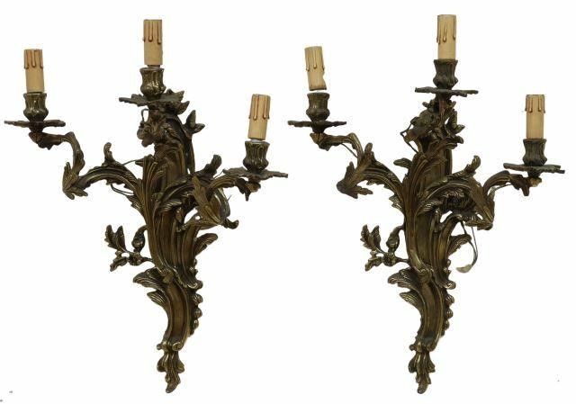 Appraisal: pair Rococo style bronze three-light wall sconces early th c