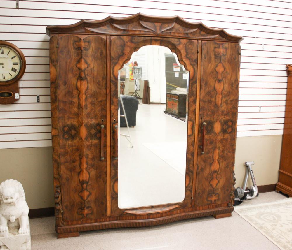 Appraisal: LARGE THREE-DOOR BURL WALNUT WARDROBE Continental late th early th