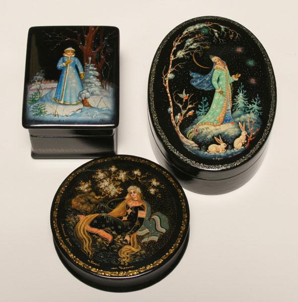 Appraisal: Russian hand painted enamel boxes pc various shapes with elaborate