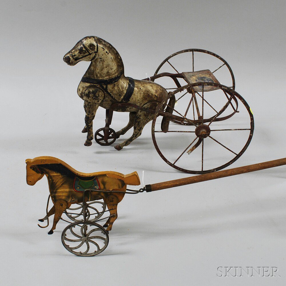 Appraisal: Two Horse Toys a yellow-painted wooden horse pull-toy on wheels