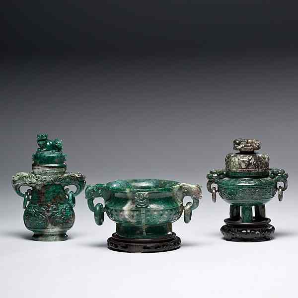 Appraisal: Chinese Carved Aventurine Vessels China An assembled group of unmarked