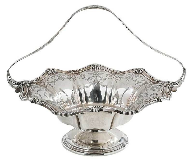 Appraisal: Large Sterling Basket American th century scalloped borders with engraved