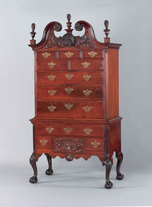 Appraisal: Important Philadelphia Queen Anne transitional carved mahogany scroll top high