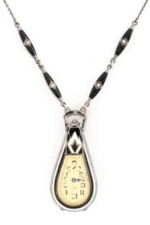 Appraisal: Art Deco Silver Black Enameled Pendant Watch A ladies Art